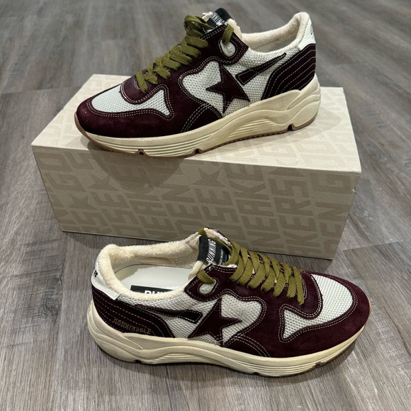 Golden Goose Running Sole Net Upper Shiny Suede Star Red Wine Silver Sneakers - Picture 2 of 16